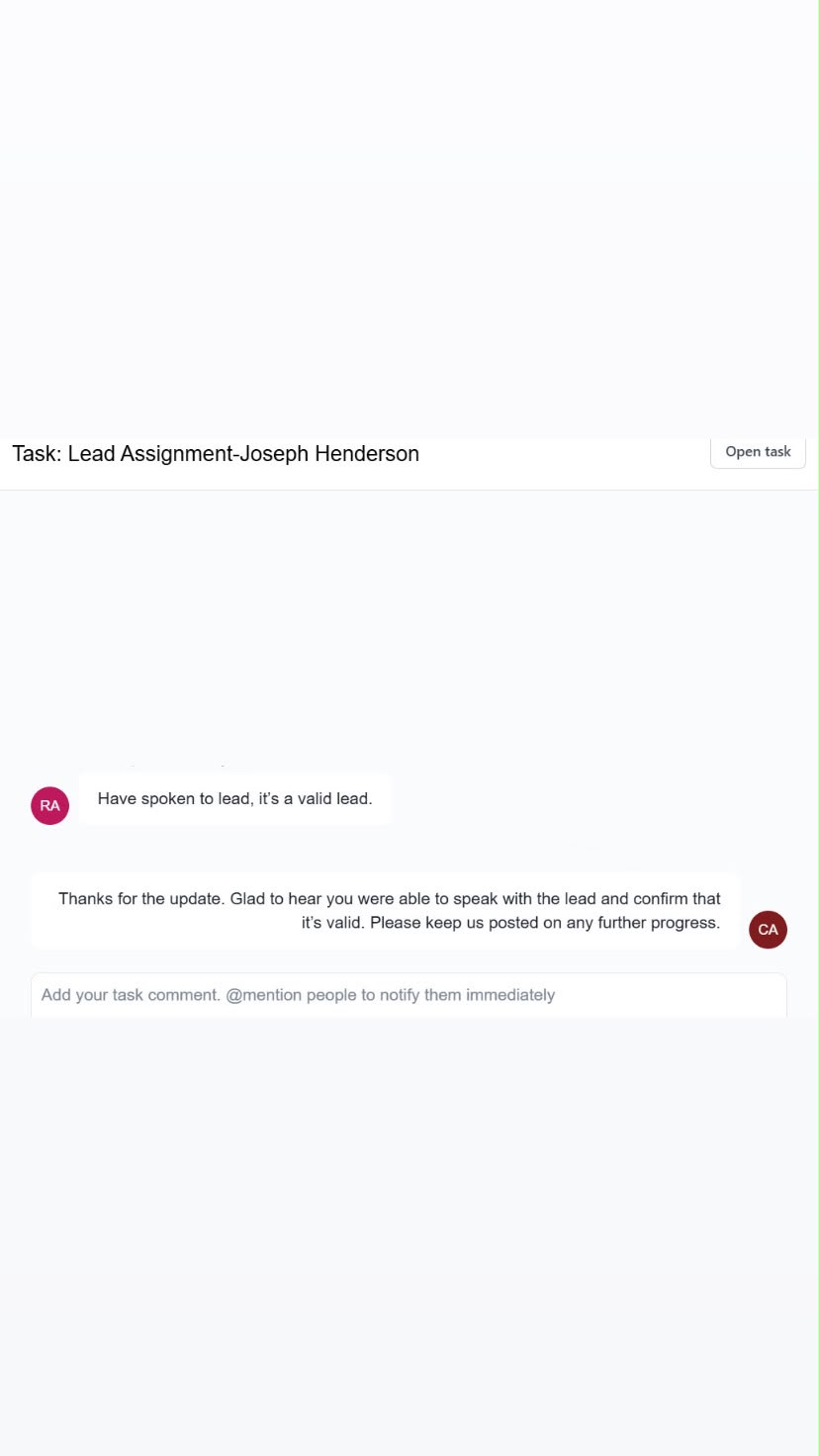 Lead assignment task confirmed as a valid lead by an agent