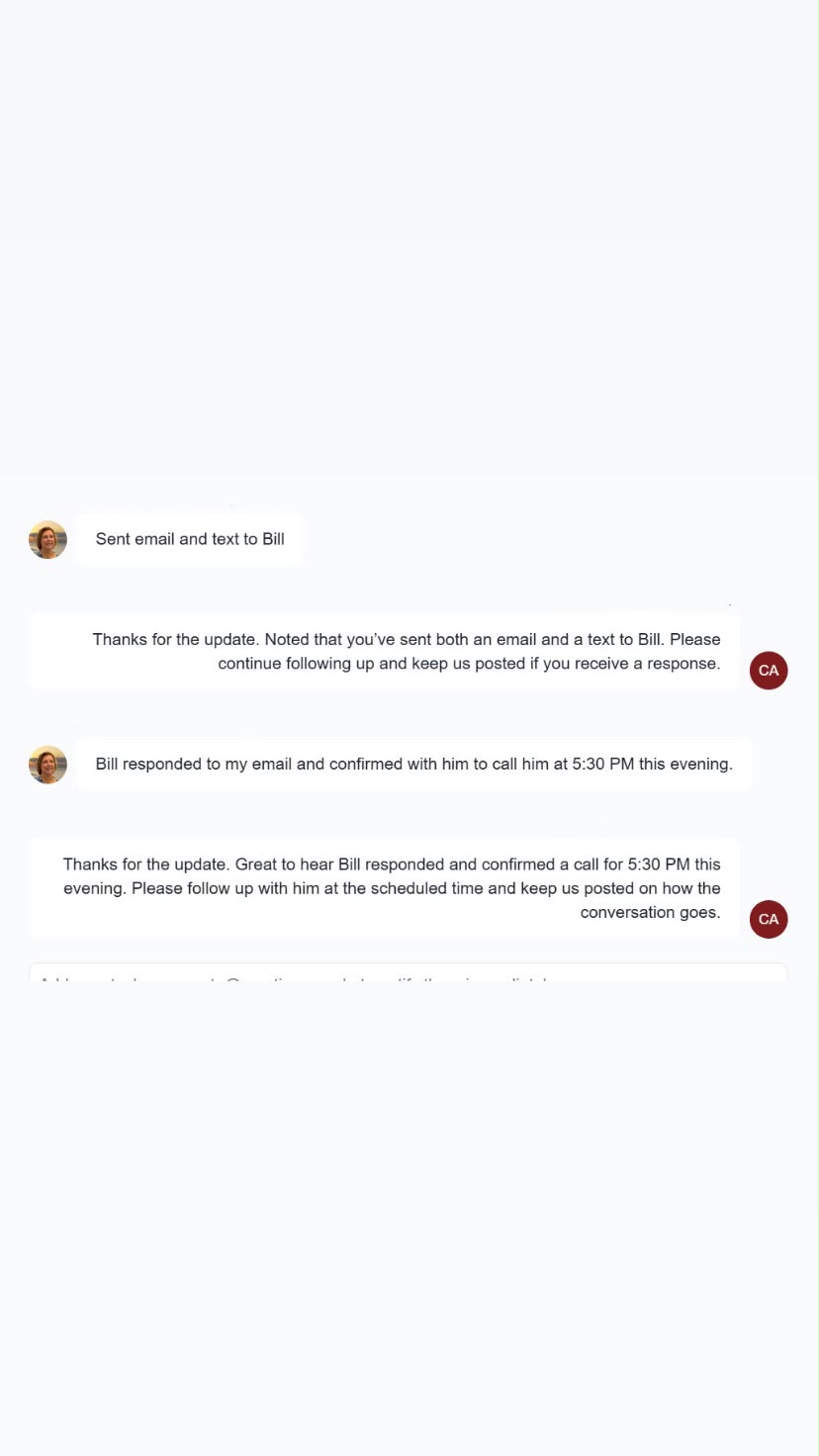 Email and text follow-up logged with a confirmed callback time