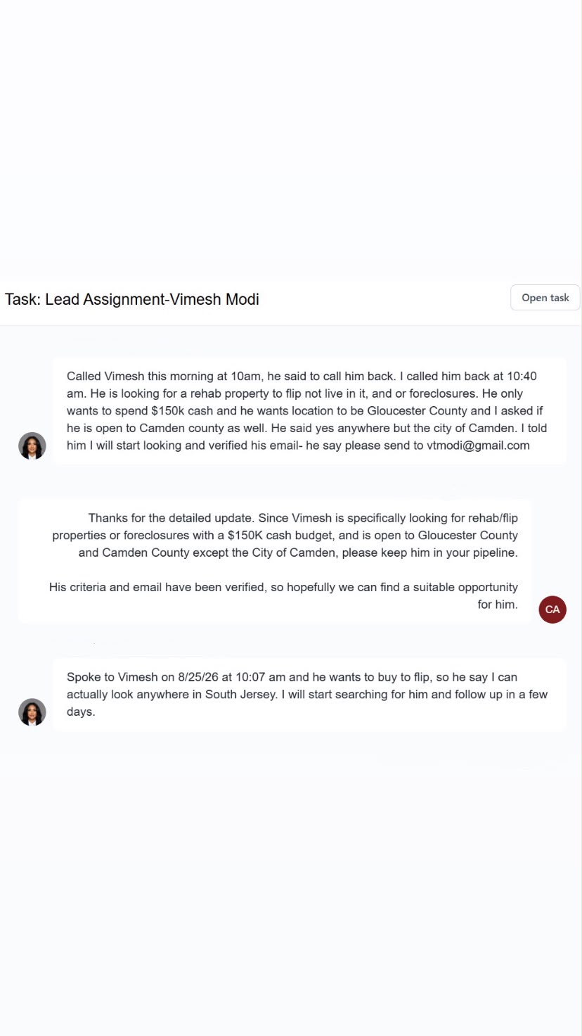 Agent updating a Leads Hub task after speaking with a buyer lead